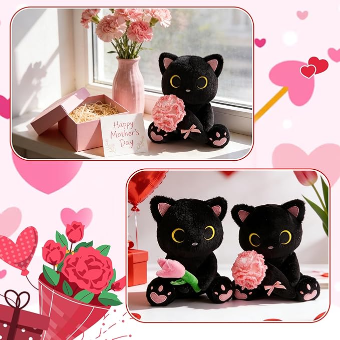 Black Cat Plush Holding Crochet Flower - 8" Kawaii Stuffed Cat with Handmade Pink Carnation, Soft Cute Plush Toy for Mom, Mother's Day & Birthday Gift, Stuffed Animals for Girls