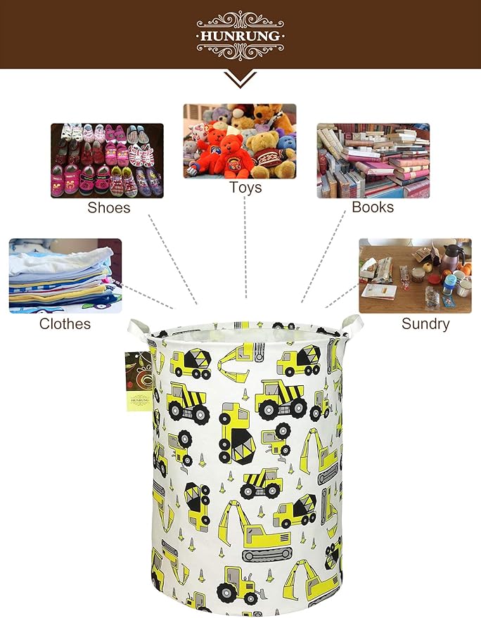 Collapsible Fabric Storage Basket, Waterproof Laundry Hamper with Handles, Round Storage Bin for Clothes Toys, Foldable Organizer for Bedroom Nursery Bathroom(Round Engineering)
