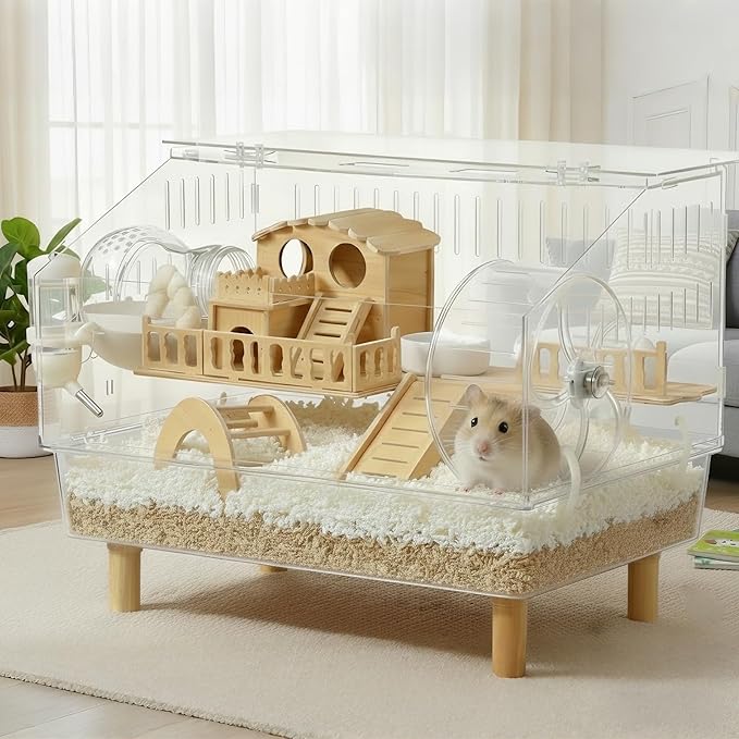 Clear Acrylic Hamster Cage - Easy to Clean All-in-One Habitat for Dwarf Hamsters, Mice and Gerbils, Includes 18cm Silent Wheel & Full Accessories, 18.5" x 11.8" x 14.6"