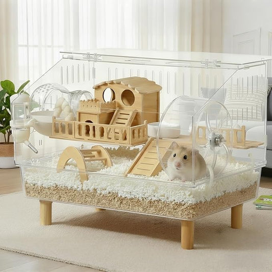 Clear Acrylic Hamster Cage - Easy to Clean All-in-One Habitat for Dwarf Hamsters, Mice and Gerbils, Includes 18cm Silent Wheel & Full Accessories, 18.5" x 11.8" x 14.6"