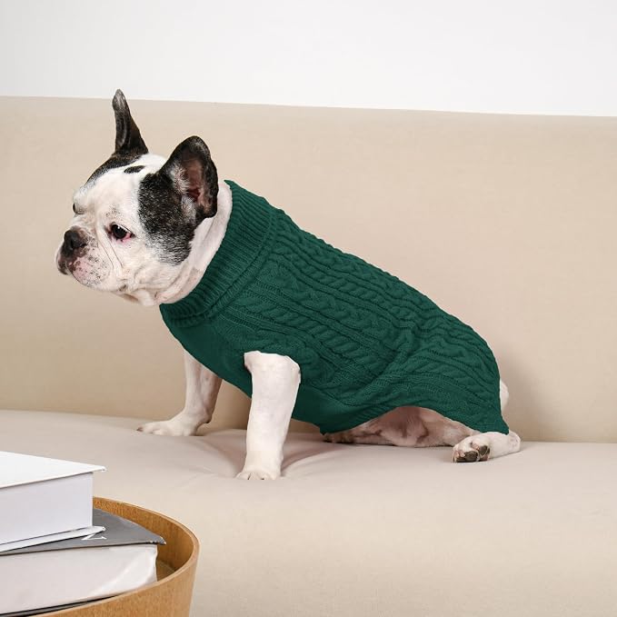 Dog Sweater 2 Pack for Medium Dogs, Size M, Green & Brown | Stretchy cable knit turtleneck, machine washable, high belly cut, comfy winter fit for French Bulldog, Pug