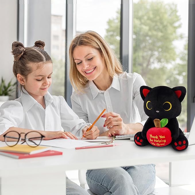 Black Cat Plush Holding Red Apple - Teacher Appreciation Gift Thank You for Helping Me Grow, 8inch Cute Stuffed Cat Plushie, Kawaii Toy Thank You Gift for Women Men Desktop Decor
