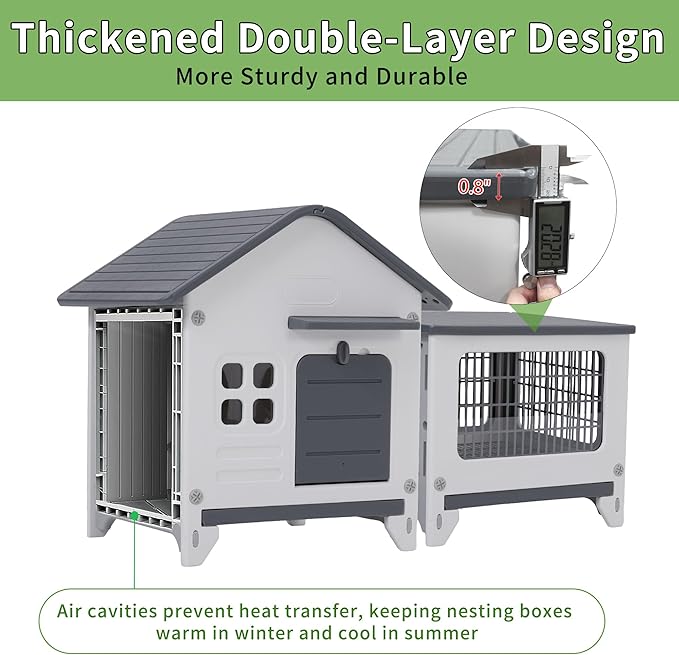 Rockever Plastic Rabbit Cage Outdoor Indoor, Waterproof Rabbit Hutch-Leak-Proof Pull-Out Tray&Chew-Proof, Bunny Cage Guinea Pig Cages with Run, Easy-Clean & Ideal for Small Animal(Grey)