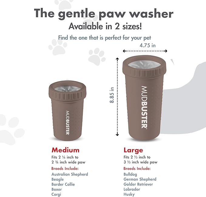 Dexas MudBuster Large Dog Paw Cleaner in Taupe - Fits 2.5"-3.5" Wide Paws, Portable Paw Washer for Muddy Paws, Dog Paw Cleaning Cup with Gentle Silicone Bristles, Quick Clean Pet Paw Washer