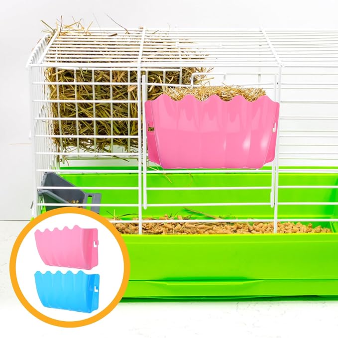 POPETPOP Small Animal External Grass Frames 2-Pack Hanging Hay Feeders for Rabbits Guinea Pigs Chinchillas Cage Accessories 9.64X5.51X2.55In Easy Installation Plastic Storage Racks