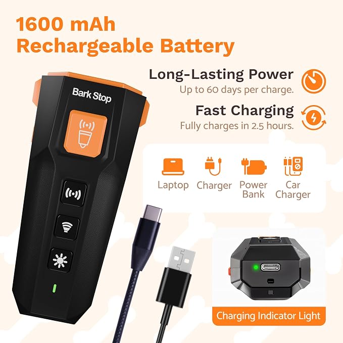 Ultrasonic Dog Bark Deterrent – Rechargeable Anti Bark Device with Dual Frequency & LED Flashlight – Handheld Trainer for Indoor and Outdoor Use (Black)
