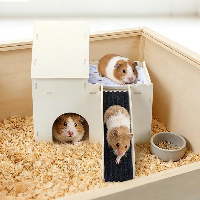 PETKNOWS Guinea Pig Hideout, Upgraded Guinea Pig Castle with Guinea Pig Ramp and Mats Large Guinea Pigs House for Playing Easy Assembly Wooden Guinea Pig Hideout for Small Animal Habitats