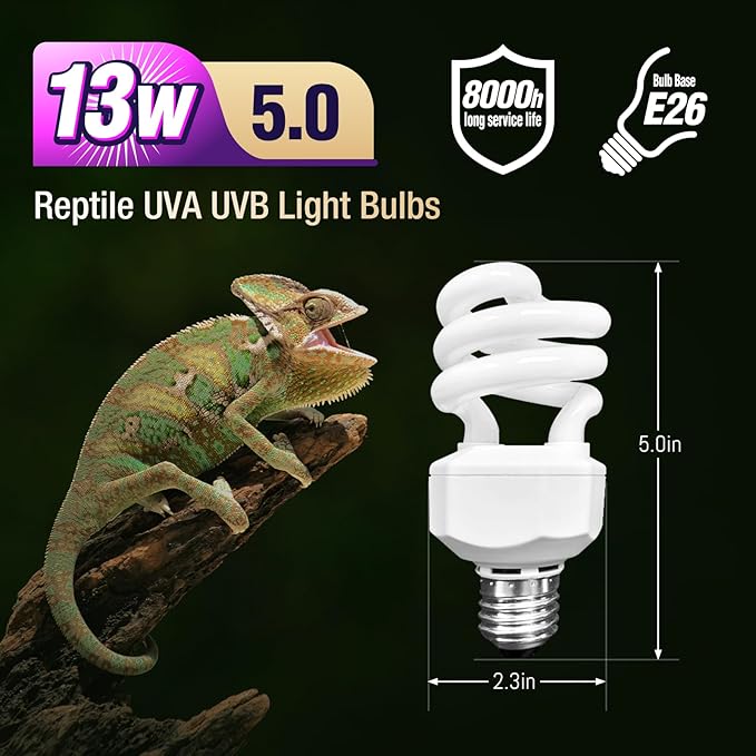 Leoterra 13W UVB 5.0 Light Perfect for Chameleons and Tree Frogs - Tropical UVA UVB Lamp E26 Compact Fluorescent Terrarium Bulb