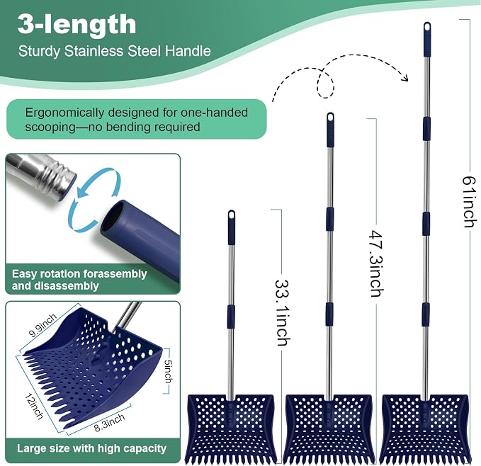 12" 2-in-1 Chicken Poop Scooper & Rake, 3-Shape Sifting Holes Chicken Coop Rake, Stainless Steel Handle (20–61") - Litter Scooper & Sand Sifting Shovel (U.S. Patent No. D1124534) - Blue