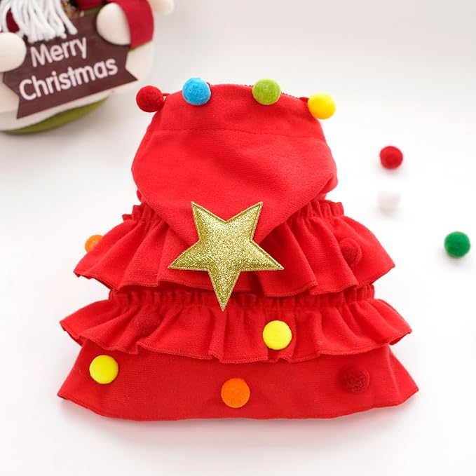 Vellibring Cat Christmas Outfit Red Pet Cloak with Hat with Star and Pompoms Puppy Cape Clothes Xmas Tree Elf Costumes Party Pet Supplies Accessories for Small Dogs Cats Pet Santa Presents