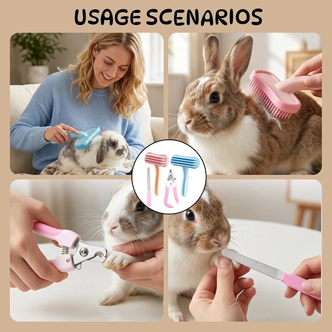 4-Piece Grooming Set Rabbit Brush, Bunny Brush and Guinea Pig Brushes, Soft Silicone Brushes for Small Pets Daily Grooming and Shedding Control,Handles with Ergonomic Design for Sensitive Animals