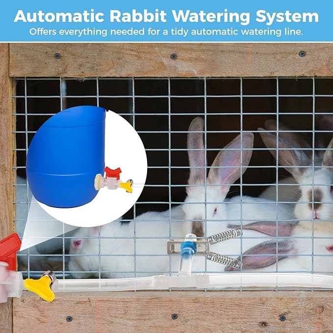 Automatic Rabbit Watering System, Rabbit Automatic Waterer Kit, 24 Pcs Drinkers with 5/16" Hose, T-Fittings, Springs, Drill, and Gasket for Bunny, Chinchilla