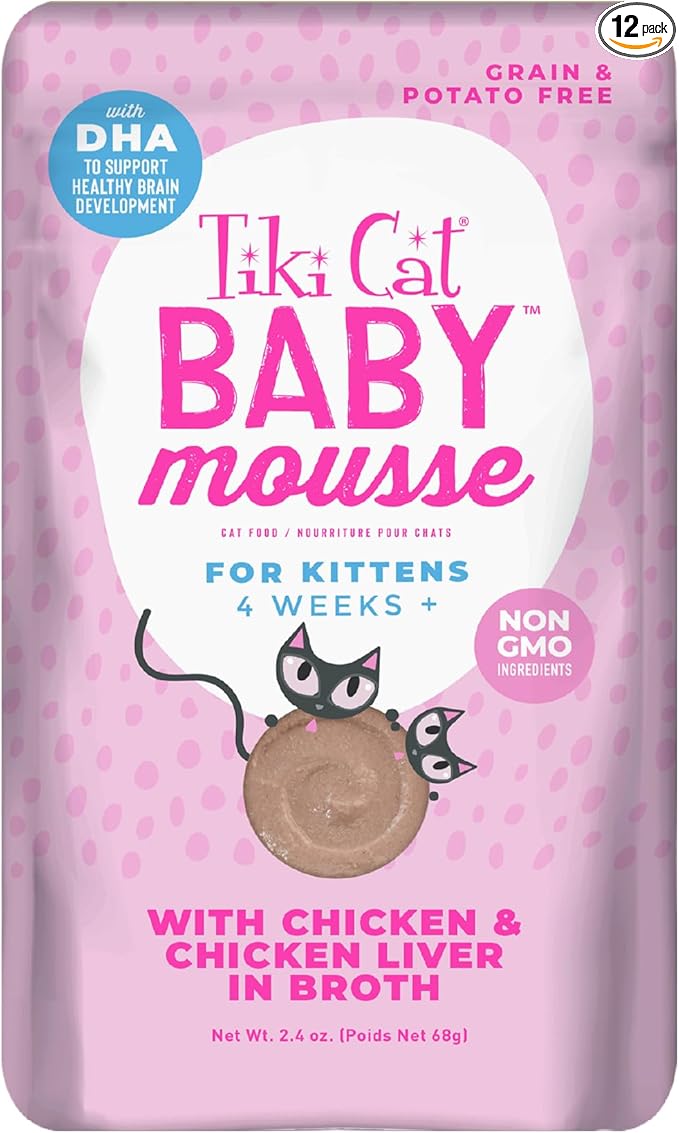 Tiki Cat Baby Mousse Wet Cat Food for Kittens, Chicken & Chicken Liver, 2.4 oz. Pouch (12 Count)