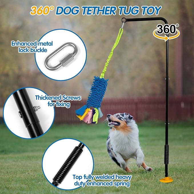 Heavy Duty Dog Spring Pole with Screw-In Ground Anchor & 360° Swivel, Adjustable Height 30-49", Durable Outdoor Tug Toy System with Bungee Squeak Rope for Large & High Energy Dogs Training