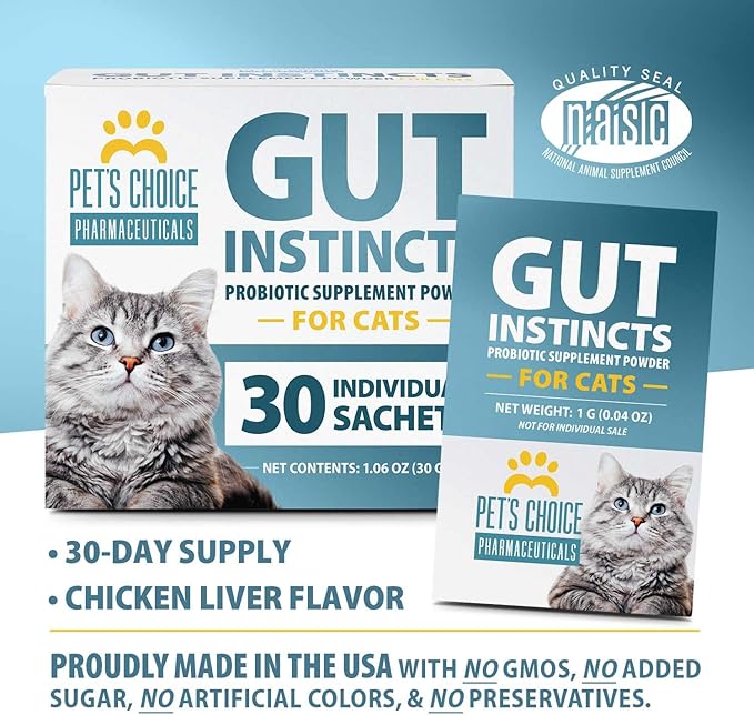 Pet's Choice Gut Instincts Probiotic Supplement Powder Packets for Cats, 30 ct, Veterinary Formulated Cat Probiotics with Vitamins for Gut Health, Digestive Balance, Diarrhea Support, Chicken Flavor