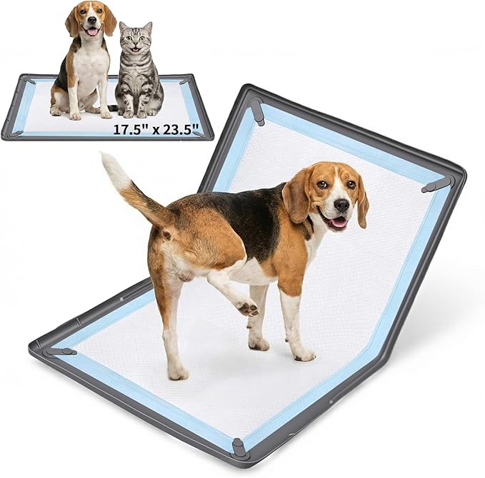 Dog Pee Pad Holder with 4 Magnetic Corner Clips, Small 17.5x23.5 Inch Silicone Non-Slip Base Puppy Potty Training Tray, Leak-Proof Raised Edge for Home Indoor Floor Wall Protection