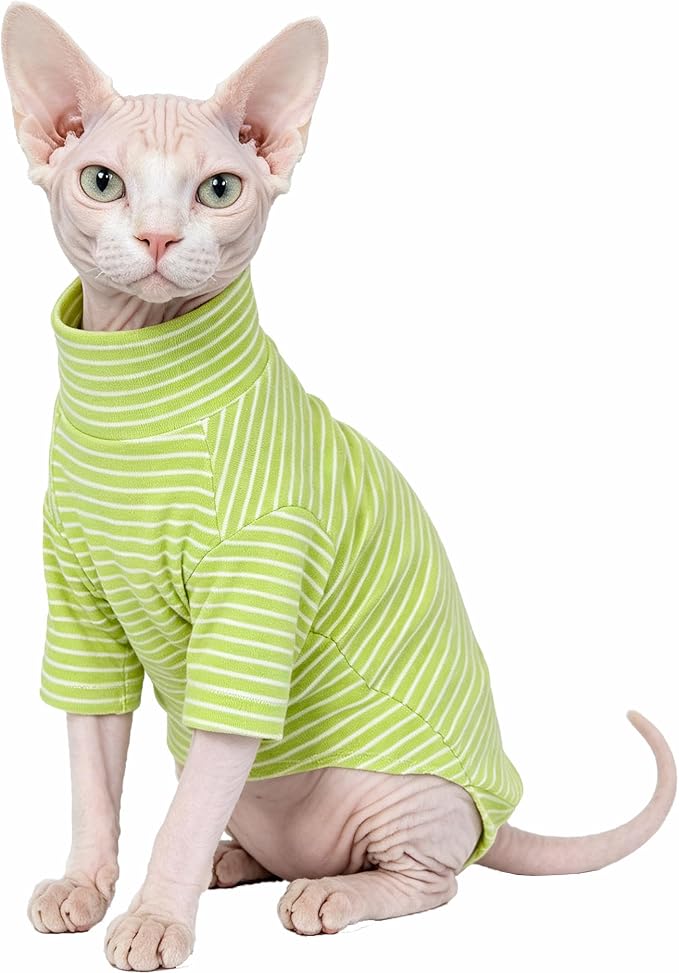 Sphynx Cat Clothes for Cats Only, Narrow Striped Sphynx Shirt Clothes T-Shirts Sweatshirt with Sleeves, Soft Kitten Sphinx Clothes Pet Apparel Devon Rex,Cornish Rex,Peterbald,Green,M