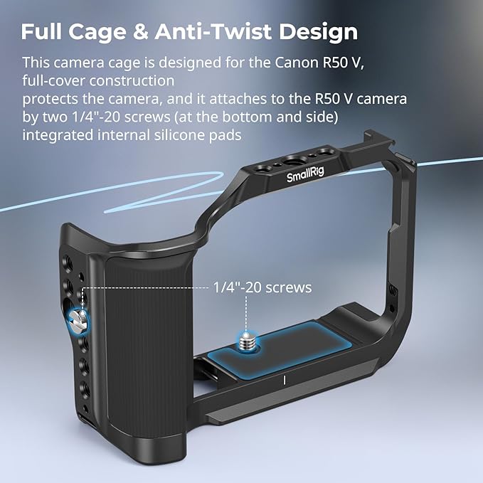 SmallRig R50 V Camera Cage for Canon R50V, Built-in Ergonomic Silicone Grip, QR Plate for Arca, 1/4"-20 Threaded Hole, 3/8"-16 Holes for ARRI, Cold Shoe, QD Sockets, Vertical Shooting(Black)-5427