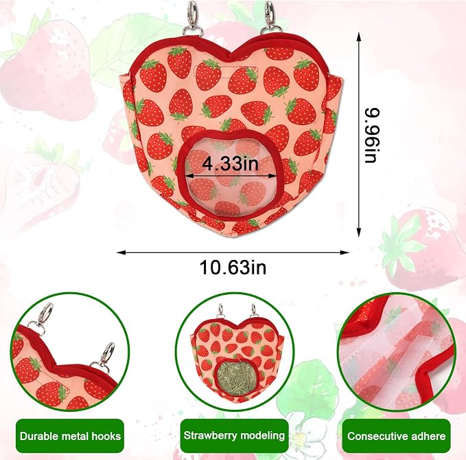 Estivaux Rabbit Hay Feeder Bag Strawberry Guinea Pig Hanging Hay Feeding Bag with Hole Pet Storage Dispenser for Chinchilla Hamster Bunny Small Pet Animals