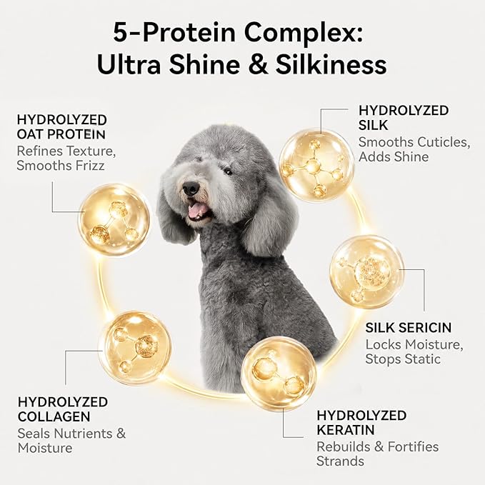 aumuca Dog Detangling & Shine Spray – Leave-in Conditioner & Dematting Spray for Doodles, Cats & Horses Without Buildup | 5-Protein Complex for Deep Repair & Enhanced Shine | 8 Fl Oz (Meadowfoam)