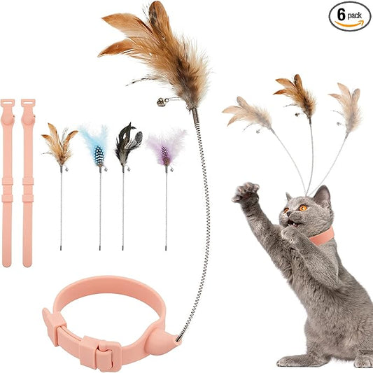 Sumind 6 Pcs Cat Collar Toy Attached with Feather Funny Interactive Cat Stick Wand Toys with Bell Adjustable Fun Kitten Teaser for Indoor Kittens and Small Animals Exercise Training