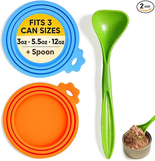 Lydia’s Deal Pet Food Can Covers 2-Pack, Thick Silicone Universal Can Lids for Dog & Cat Food, Fits 3oz/5.5oz/12oz, Airtight Seal, Durable & Dishwasher Safe, Easy Grip with Spoon (Blue & Orange)