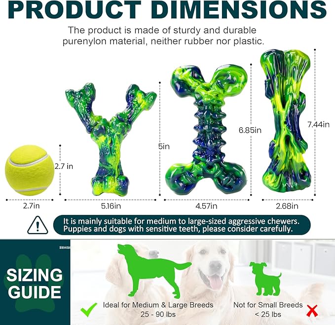 Kseroo Indestructible Dog Toys for Aggressive Chewers: 3-Pack Peanut Butter Flavored Hard Nylon Dog Chew Toys for Medium & Large Dogs(25-90lbs), Super Chewer Dog Bones Toys to Keep Them Busy, Green