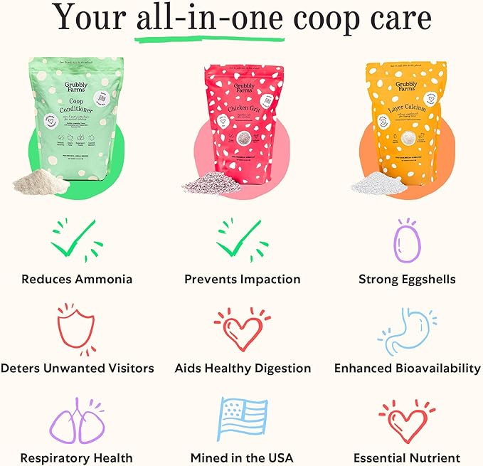 Grubbly Farms Coop Necessities Bundle - Chicken Grit, Layer Calcium & Coop Conditioner - Proper Digestion, Strong Eggshells & Odor Control - Rose Quartz Grit, Aragonite Calcium, Deodorizer