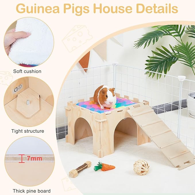 Guinea Pig Hideout, Guinea Pigs House with Stairs and Mats Extra Large Guinea Piggy Castle Detachable Hideouts for Small Animals Wooden Guinea Pig Habitats with Multiple Doors and Windows