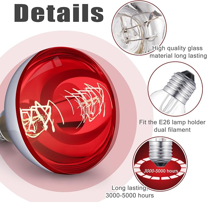 VIHOSE 4 Pack 250 Watt Heat Lamp 120v R40 Heat Lamp Bulbs Glass Incandescent Light Bulbs Incandescent Heating Lightbulbs for Reptiles Chicks Food Puppies Bathroom, Use E26 Base (Red)