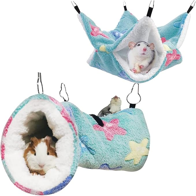 Double Hammock Hanging Tunnel for Ferret Bed and Cage Accessories, Rat Cage Hammock, Sugar Glider Toys(Green,Starfish)