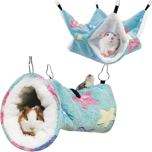 Double Hammock Hanging Tunnel for Ferret Bed and Cage Accessories, Rat Cage Hammock, Sugar Glider Toys(Green,Starfish)