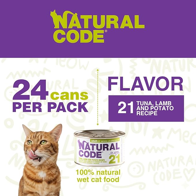 Natural Code - 24 Pack Wet Cat Food, Limited Ingredient Cat Food, High-Protein, Non-GMO, No Artificial Additives, Made in Italy, Tuna, Lamb & Potato in Aspic for Adult Cats, 3 oz