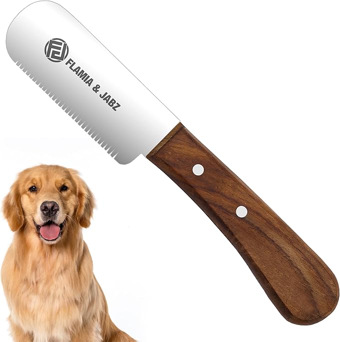 FLAMIA & JABZ Professional Dog Grooming Hand Stripping Knife, Stripper Trimmer Tool, Red Meranti Wooded Handle non slip grip with Tripping Stainless Steel blade (Medium, Right Handed)
