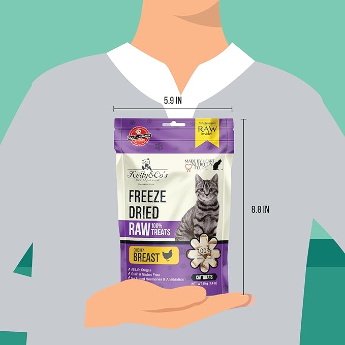 KELLY & CO'S Freeze Dried Cat Treats - Chicken Breast Made from a Single Ingredient. Grain-Free, high Protein Healthy cat Treats (1.4 oz x 4 Packs) Minimally Processed Indulgent Treat.