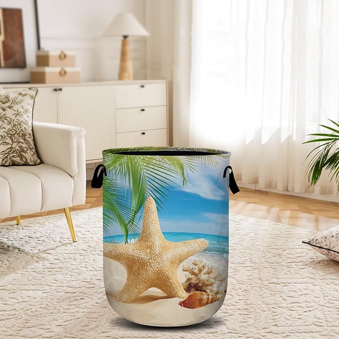 Starfish Seashell Laundry Basket, Ocean Sea Beach Laundry Hamper Collapsible Oxford Cloth with Handle Clothes Storage Bin for Bathroom Laundry Room Bedroom 15.7 X 20 Inch