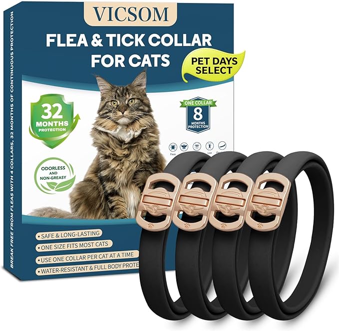 Flea Collar for Cats 4 Pack, 32 Months Flea and Tick Prevention for Cats Collar, Waterproof Cat Flea Collar, Natural Cat Flea and Tick Treatment Collar, Adjustable Flea Collar for Cat Kitten, Black