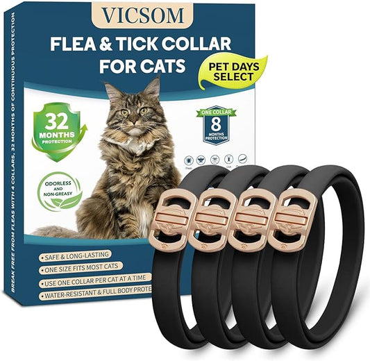 Flea Collar for Cats 4 Pack, 32 Months Flea and Tick Prevention for Cats Collar, Waterproof Cat Flea Collar, Natural Cat Flea and Tick Treatment Collar, Adjustable Flea Collar for Cat Kitten, Black