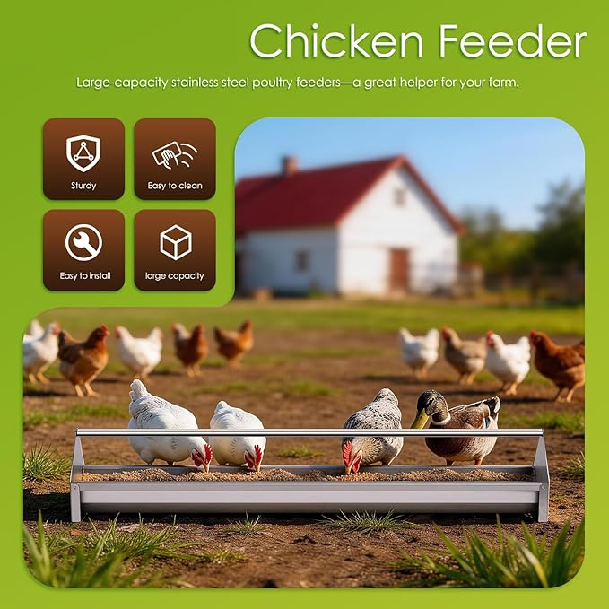 Chicken Feeding Trough 45" Stainless Steel Double Sided Poultry Chicken Feeder Trough Heavy Duty with Crossbar Large Capacity for Chicken Duck Goose Quail