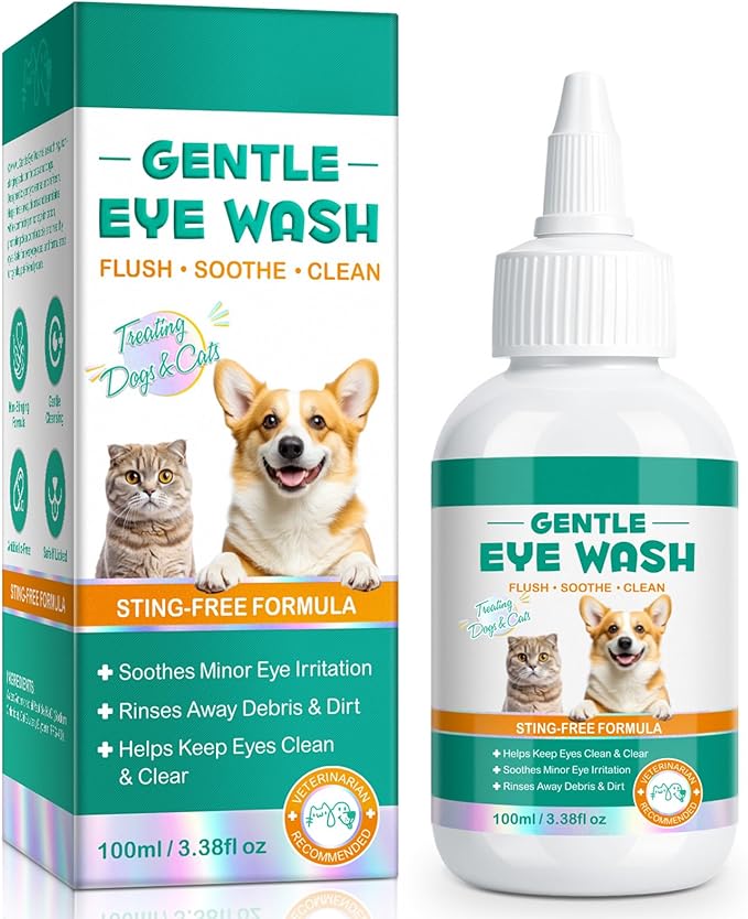 Eye Drops for Dogs and Cats - Safe to Lick, Itchy Eyes Relief & Redness Reduction, Non-Antibiotic Daily Care for Tear Stain Removal, Pet Eye Wash Vet-Formulated with Oat Glucan, 3.38 oz