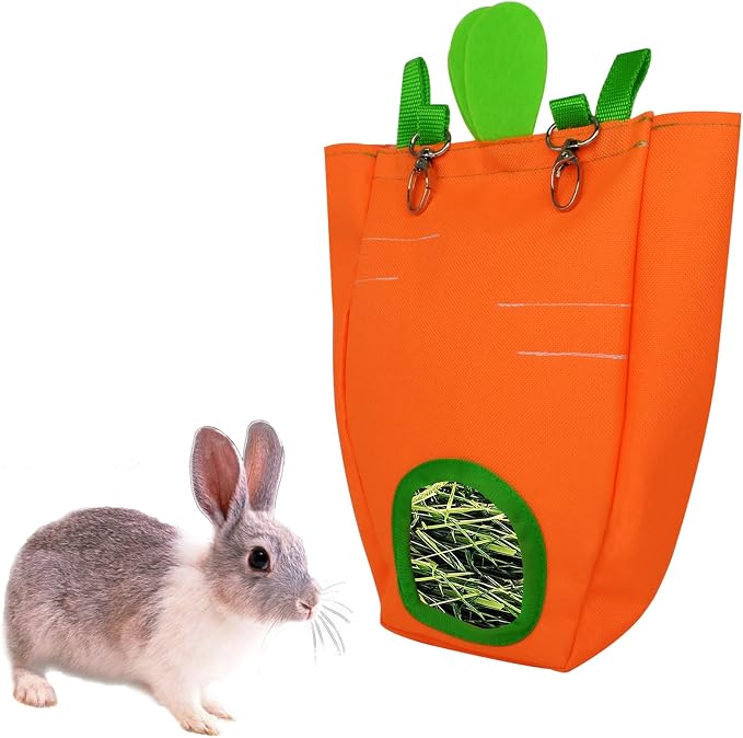 Rabbit Hay Feeder Bag for Cage Guinea Pig Timothy Hay Dispenser Storage Manger Hanging Large Less Waste for Bunny (Carrot)