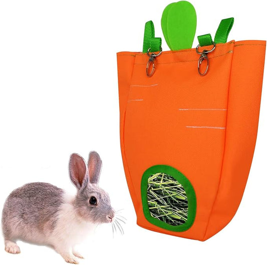 Rabbit Hay Feeder Bag for Cage Guinea Pig Timothy Hay Dispenser Storage Manger Hanging Large Less Waste for Bunny (Carrot)