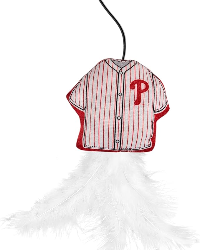 MLB Philadelphia Phillies Team Jersey Wand with CAT NIP, Cat Toy Jersey Shaped Plush Teaser Toy for Cats & Kittens - Interactive Pet Toy for Play & Exercise