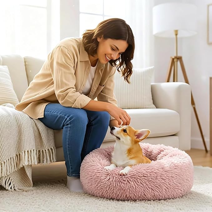 Calming Extra Large Donut Dog Bed, Anti-Anxiety Round Soft Fluffy Plush Faux Fur Washable Anti-Slip Pet Bed for Medium Dogs Up to 45 lbs 32in Pink
