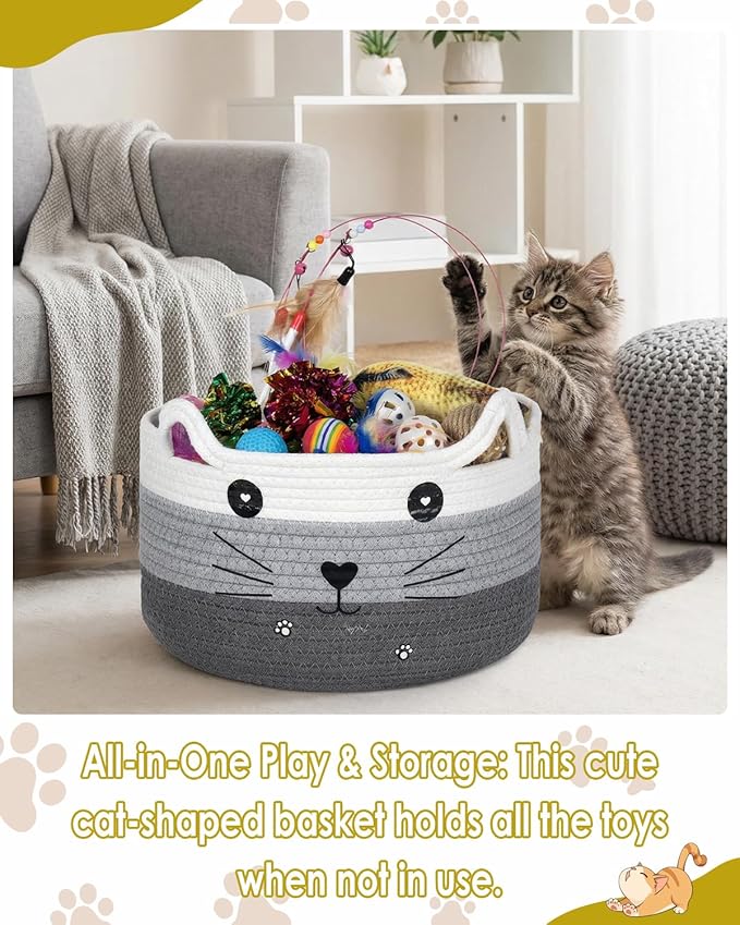 76-Piece Cat Storage Basket & Interactive Cat Toy Set: Wand Toy, Colorful Flashing Balls, Crinkle Balls – Attracts Kittens to Swat and Hunt, Indoor Cat Toy (Grey)
