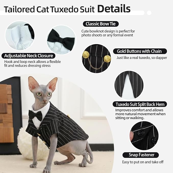 QBLEEV Cat Tuxedo Outfit with Bow Tie, Sphynx Cat Costume Formal Suit Wear | Soft breathable, stylish hairless clothes for cats only, kitten wedding birthday party shirt apparel for male boy