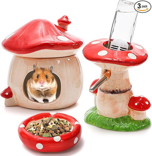 Hacaroa 3 Pack Ceramic Hamster Hideout, Mushroom Shape Guinea Pig Food Bowl Cute Water Bottle with Stand, Cool Hamster Bed House Small Animal Cage Accessories for Dwarf Hamsters, Mice, Gerbils