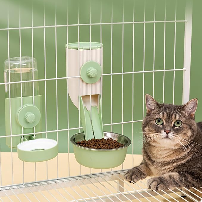 Hanging Automatic Food and Water Dispenser for Rabbit, Guinea Pig, Ferret, Bunny Cage Accessories, Feeder Bottle Combo (Green)