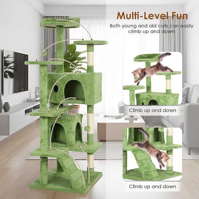 PayLessHere Cat Tree 54in Cat Tower with Cat Scratching Post,Multi-Level Cat Condo Stand House Furniture Kitty Activity Center with Furry Ball Toys Cat Tree for Indoor Cats,Green