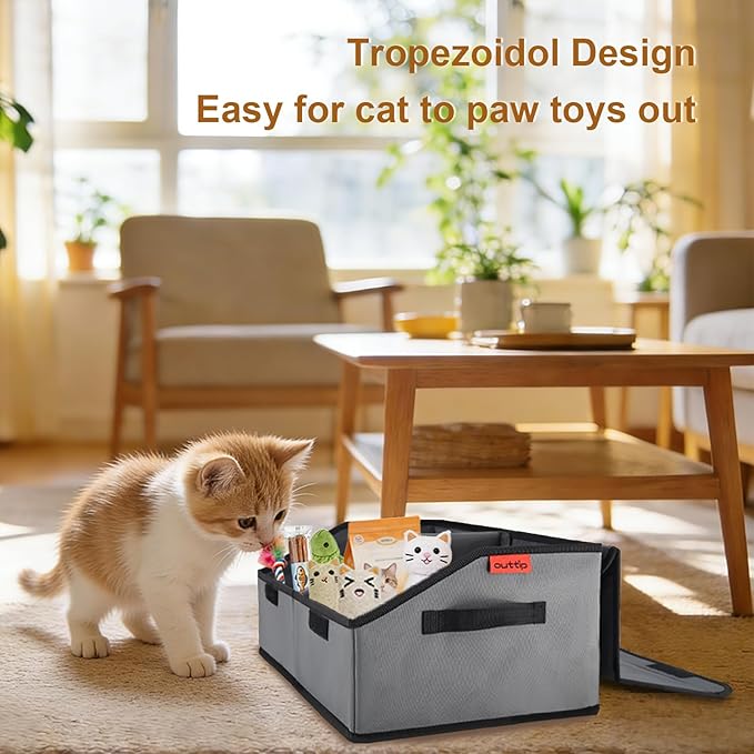 Sturdy MDF Cat Toy Box Storage with Lid, 19" Collapsible Cat Toy Bin with Handle, 600D Fabric Cute Pet Storage Basket Organizers for Pet Toys, Treats Clothes and Accessories - Grey (1 Pack)